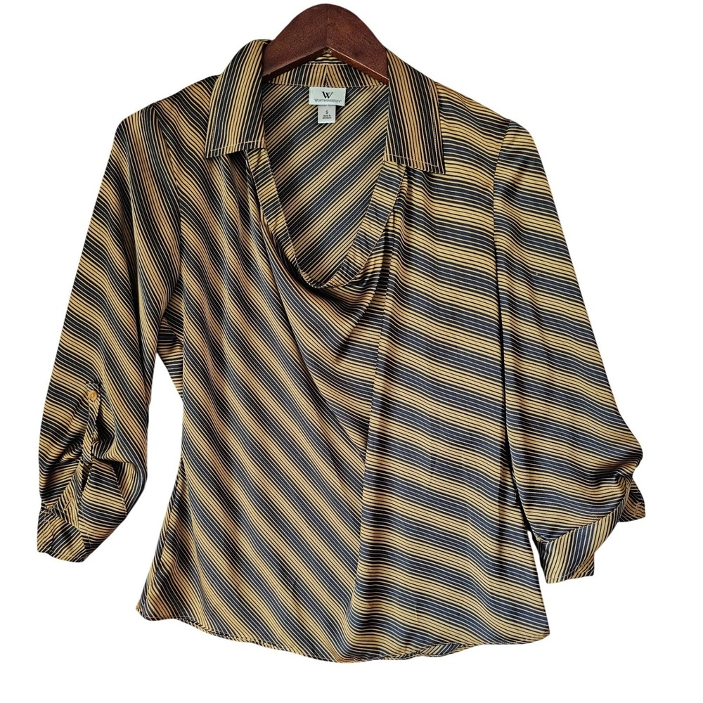 Worthington Womens Gold Black Striped Cowl Neck 3/4 Sleeve Blouse Size S